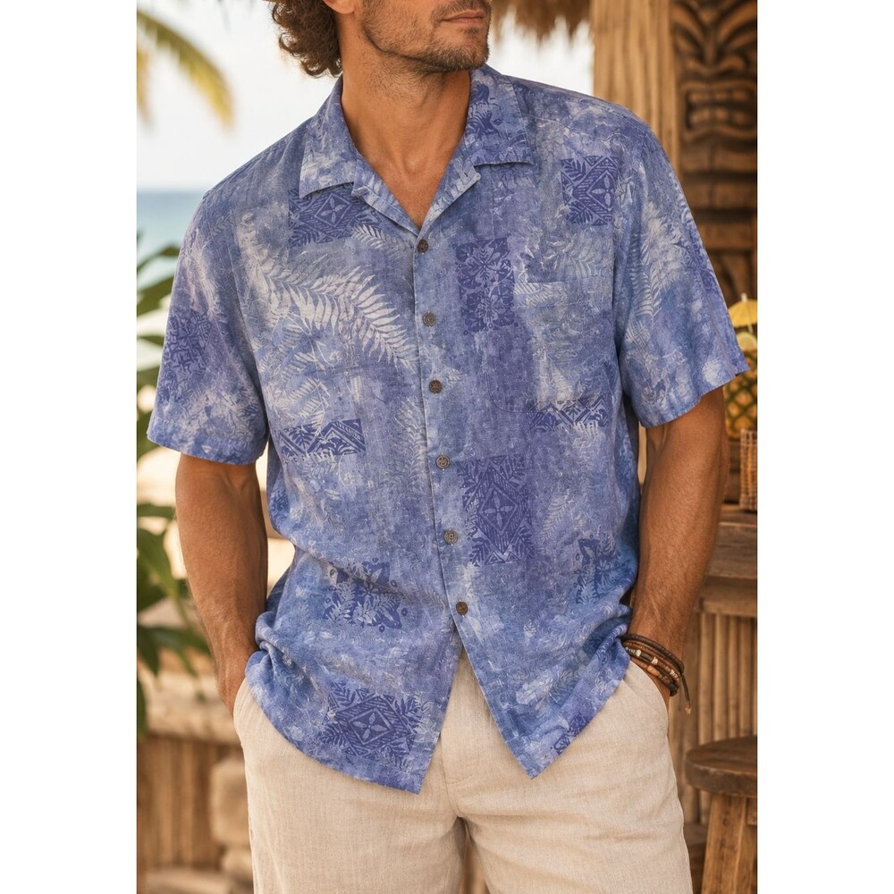 Custom Caribbean Shirt Mens XLT Blue Tropical Silk Blend Upcycled Camp XL Tall